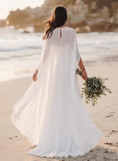 Mermaid Scoop Neck Cape Sleeves Sweep Train Chiffon/Elastic Satin Wedding Dress
