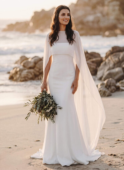 Mermaid Scoop Neck Cape Sleeves Sweep Train Chiffon/Elastic Satin Wedding Dress