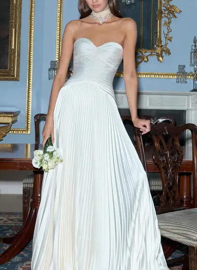 A-Line Sweetheart Sleeveless Sweep Train Silk Like Satin Wedding Dress With Pleated