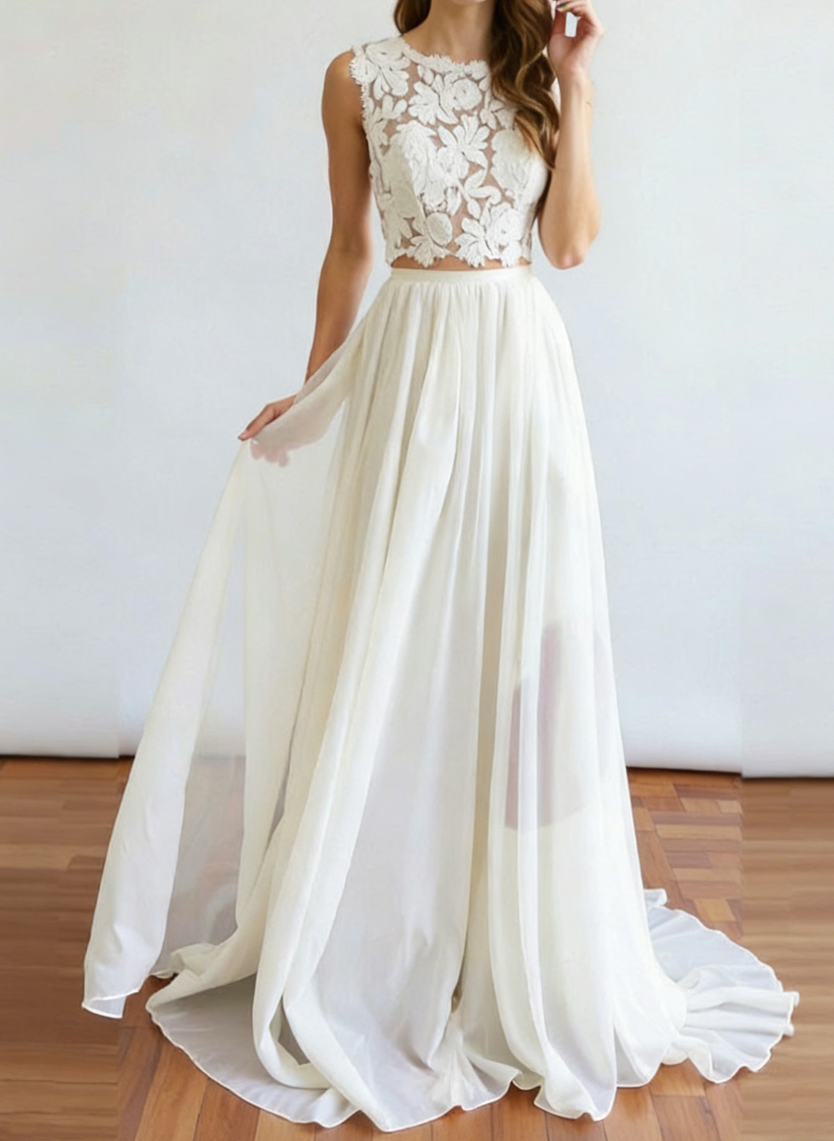A-Line Scoop Neck Sleeveless Sweep Train Chiffon Wedding Dresses With Lace