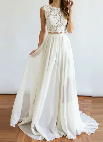 A-Line Scoop Neck Sleeveless Sweep Train Chiffon Wedding Dresses With Lace