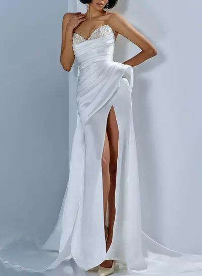 Sheath/Column Sweetheart Sleeveless Court Train Satin Wedding Dress With Beading/Lace/Pleated