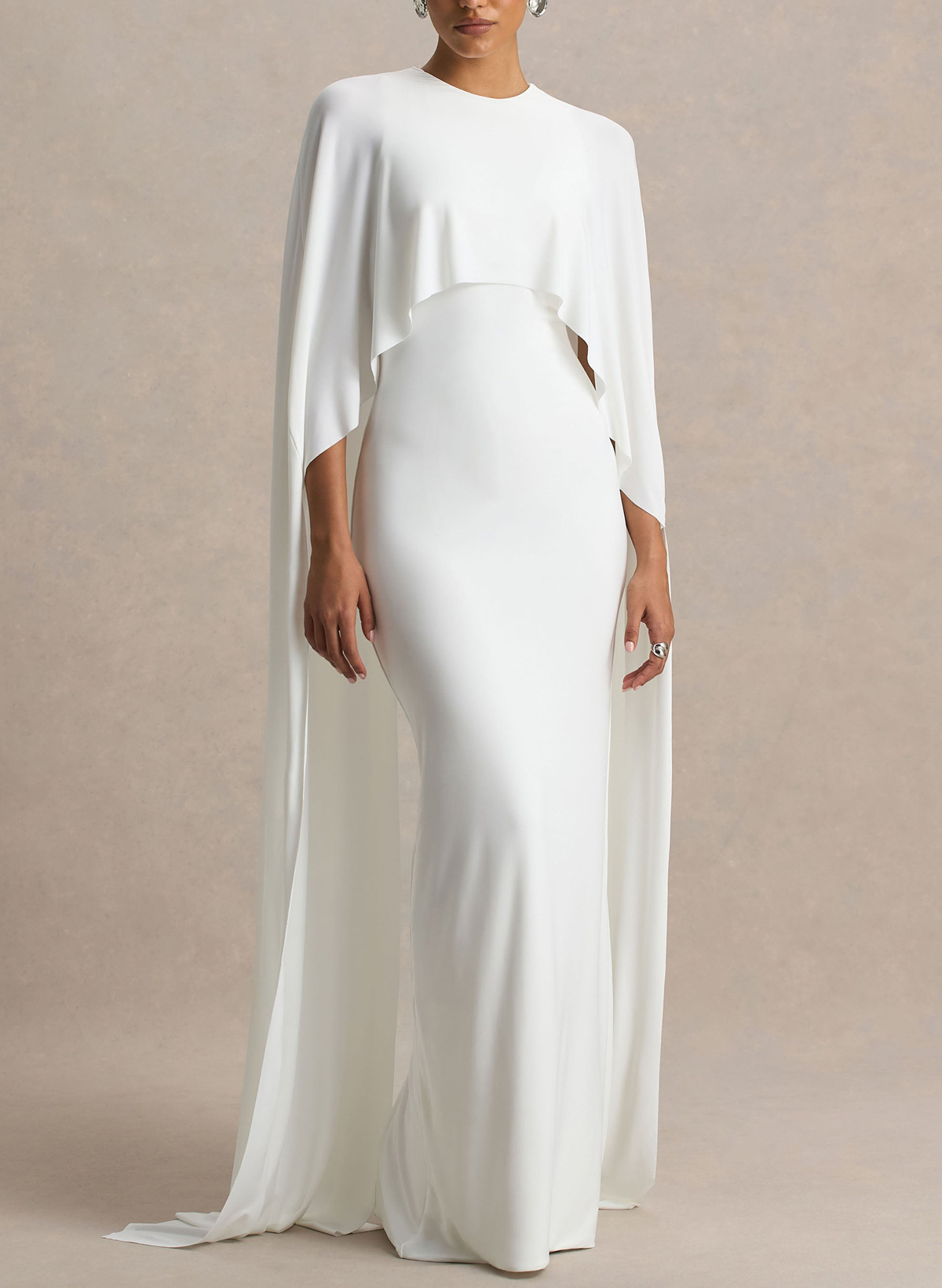 Sheath/Column Scoop Neck Cape Sleeves Floor-Length Stretch Chiffon Wedding Dress
