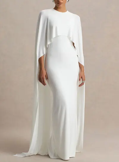 Sheath/Column Scoop Neck Cape Sleeves Floor-Length Stretch Chiffon Wedding Dress