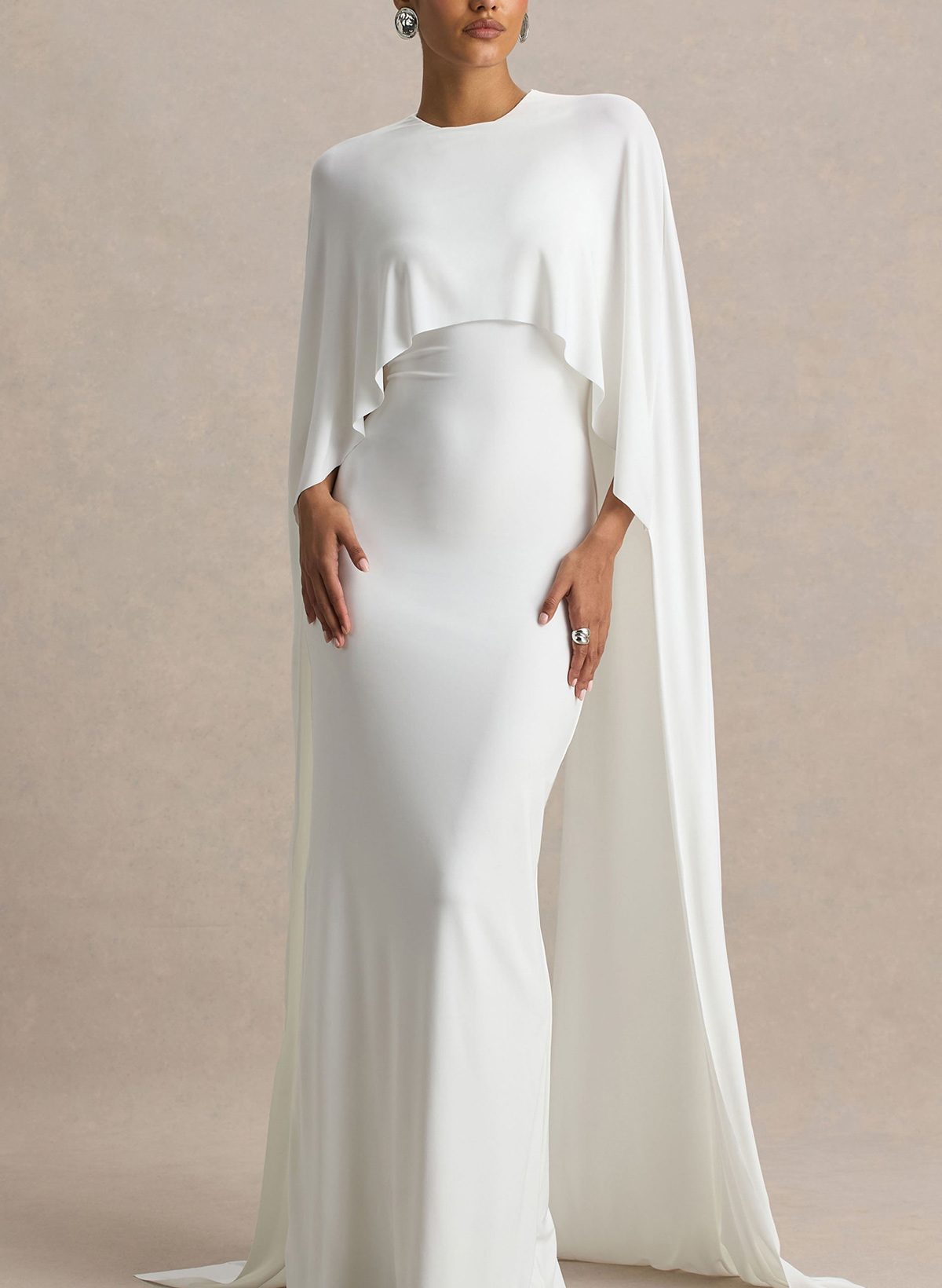 Sheath/Column Scoop Neck Cape Sleeves Floor-Length Stretch Chiffon Wedding Dress