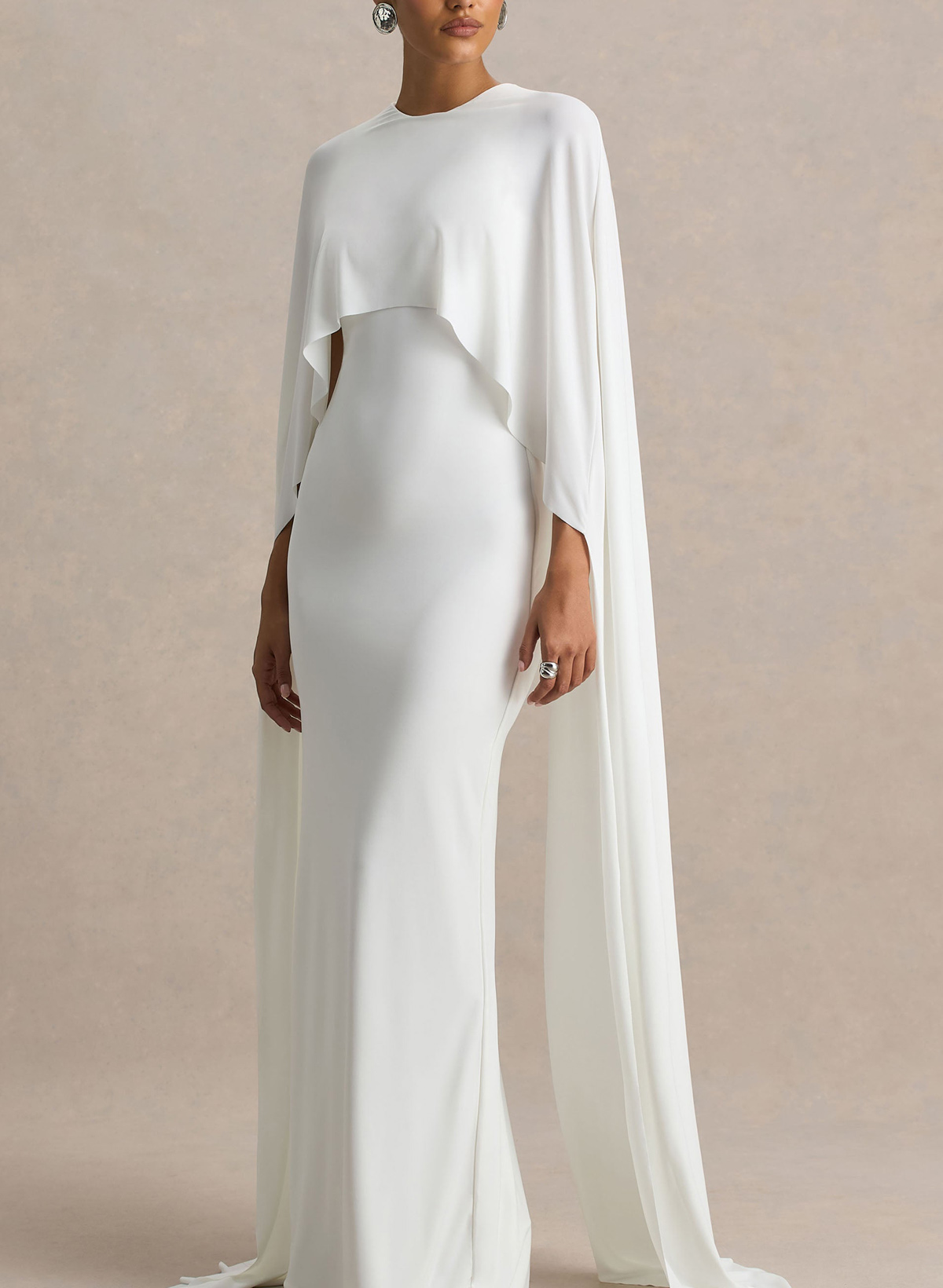 Sheath/Column Scoop Neck Cape Sleeves Floor-Length Stretch Chiffon Wedding Dress