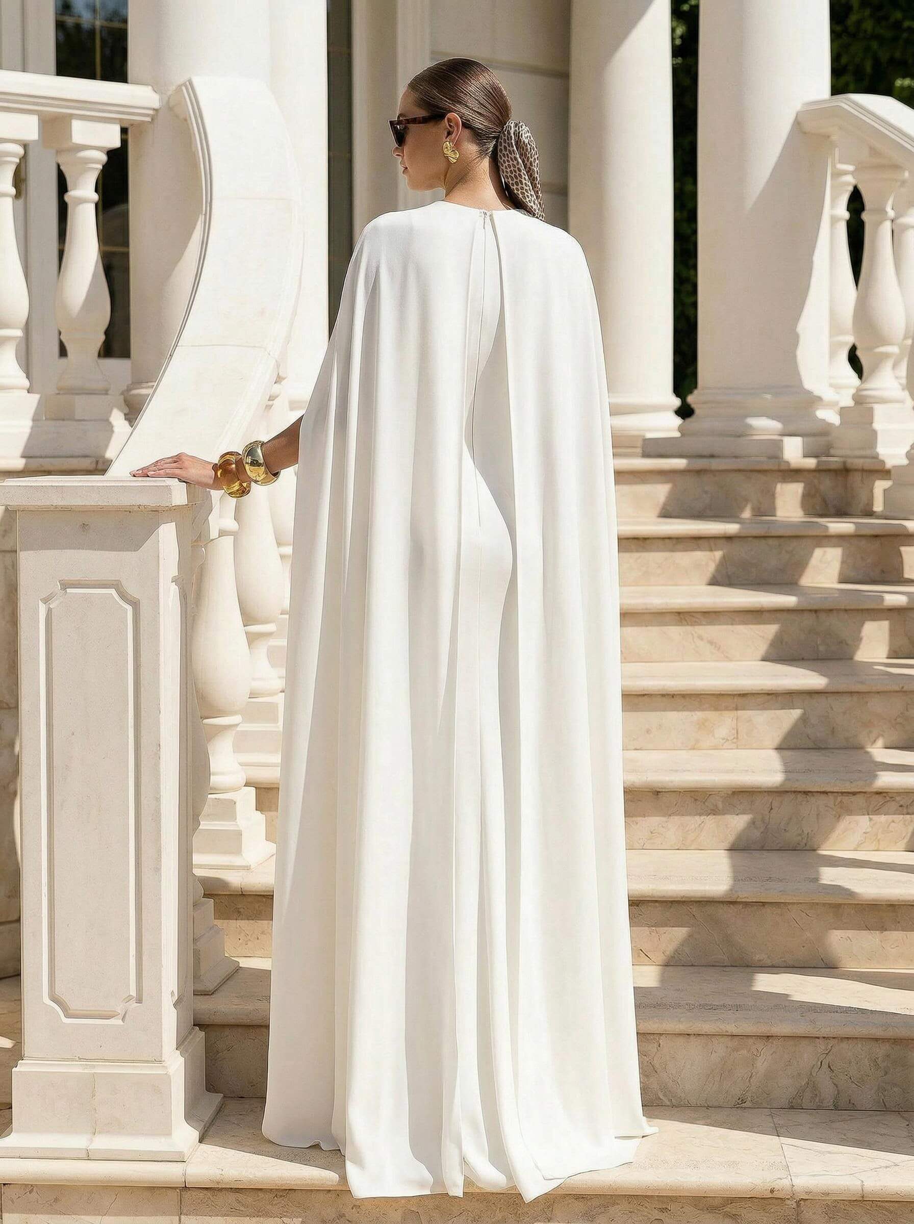 Sheath/Column Scoop Neck Cape Sleeves Floor-Length Stretch Chiffon Wedding Dress