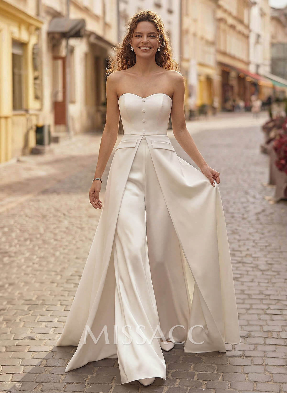 Jumpsuit/Pantsuit Strapless Sleeveless Floor-Length Matte Satin Wedding Dresses