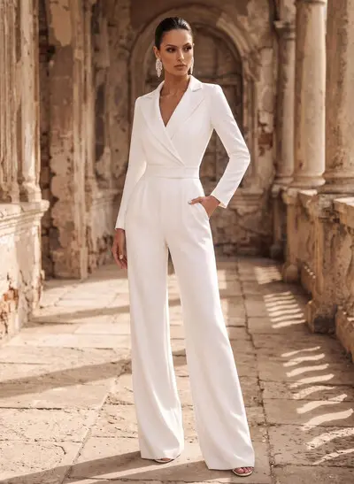 Jumpsuit/Pantsuit V-Neck Long Sleeves Floor-Length Elastic Satin Wedding Dresses With Pockets