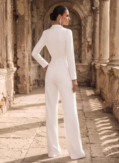 Jumpsuit/Pantsuit V-Neck Long Sleeves Floor-Length Elastic Satin Wedding Dresses With Pockets