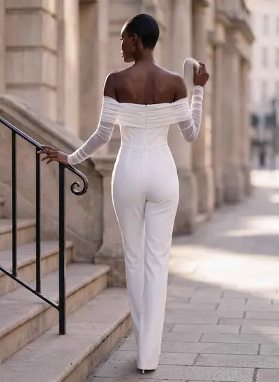 Classic Off-The-Shoulder Long Sleeves Jumpsuit/Pantsuit Wedding Dresses