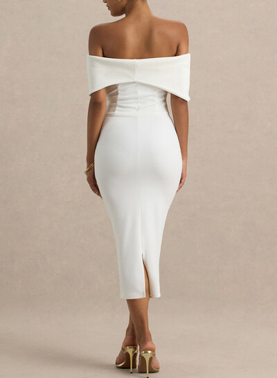 Off-The-Shoulder Sleeveless Tea-Length Elastic Satin With Back Slit Wedding Dress