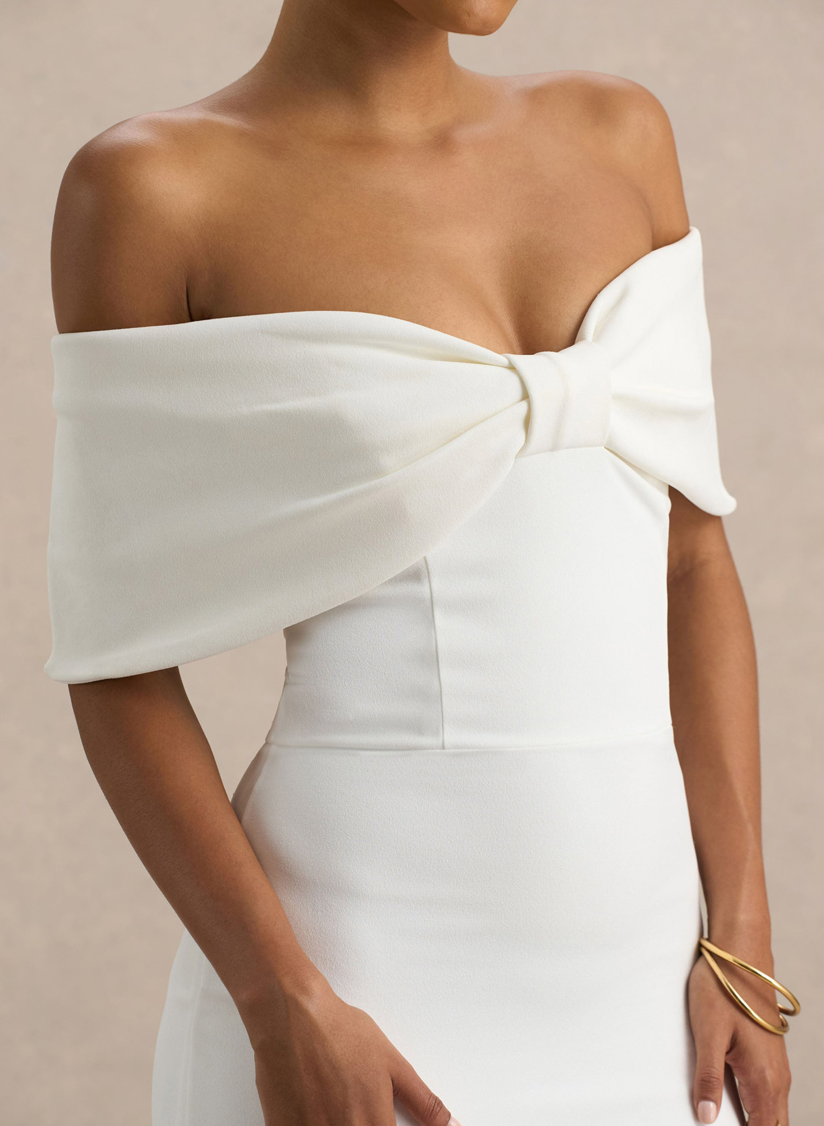 Off-The-Shoulder Sleeveless Tea-Length Elastic Satin With Back Slit Wedding Dress