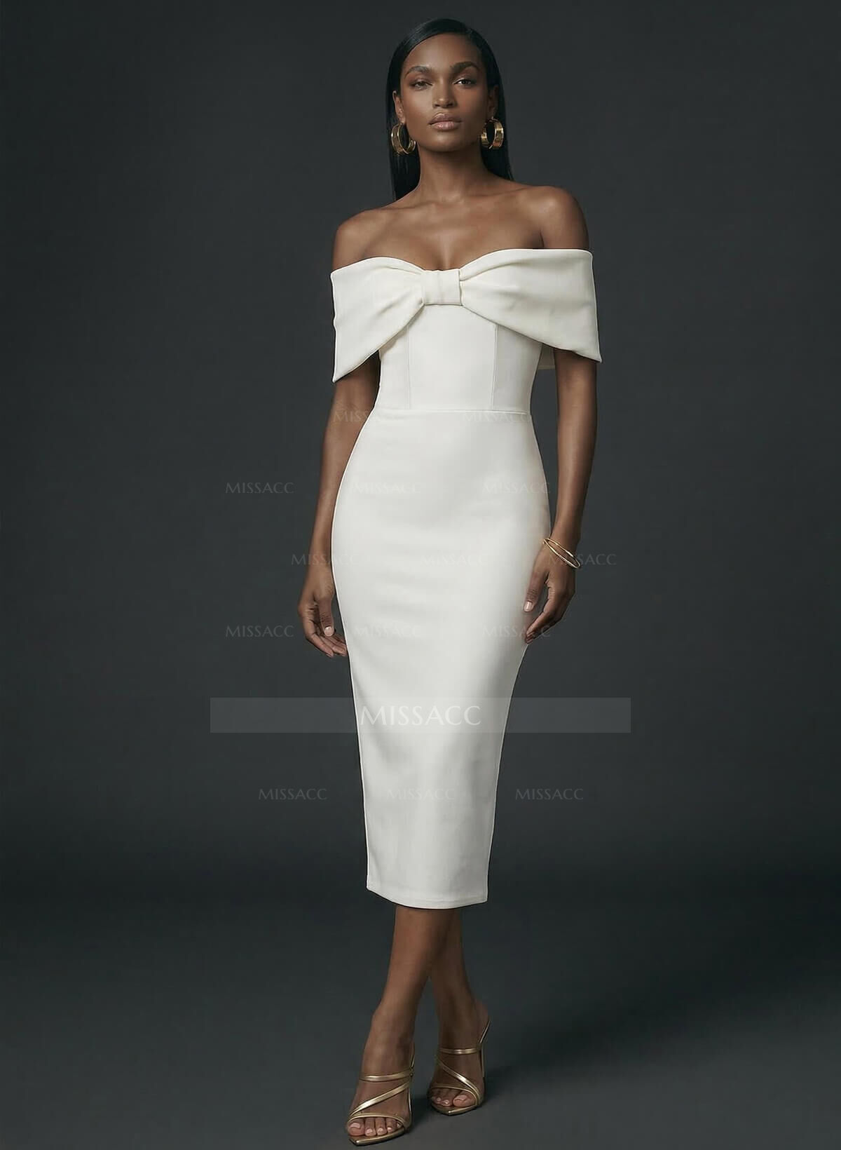 Off-The-Shoulder Sleeveless Tea-Length Elastic Satin With Back Slit Wedding Dress