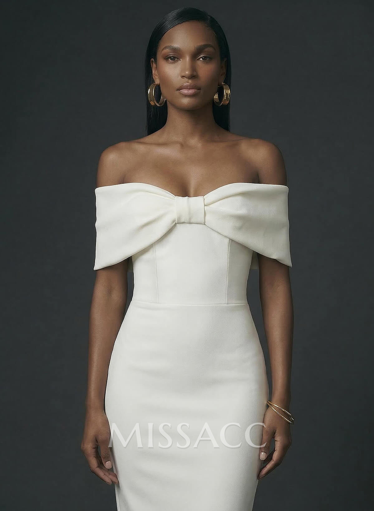 Off-The-Shoulder Sleeveless Tea-Length Elastic Satin With Back Slit Wedding Dress