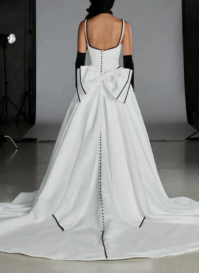 Ball-Gown Off-The-Shoulder Sleeveless Chapel Train Satin BRIDE With Bow Wedding Dress