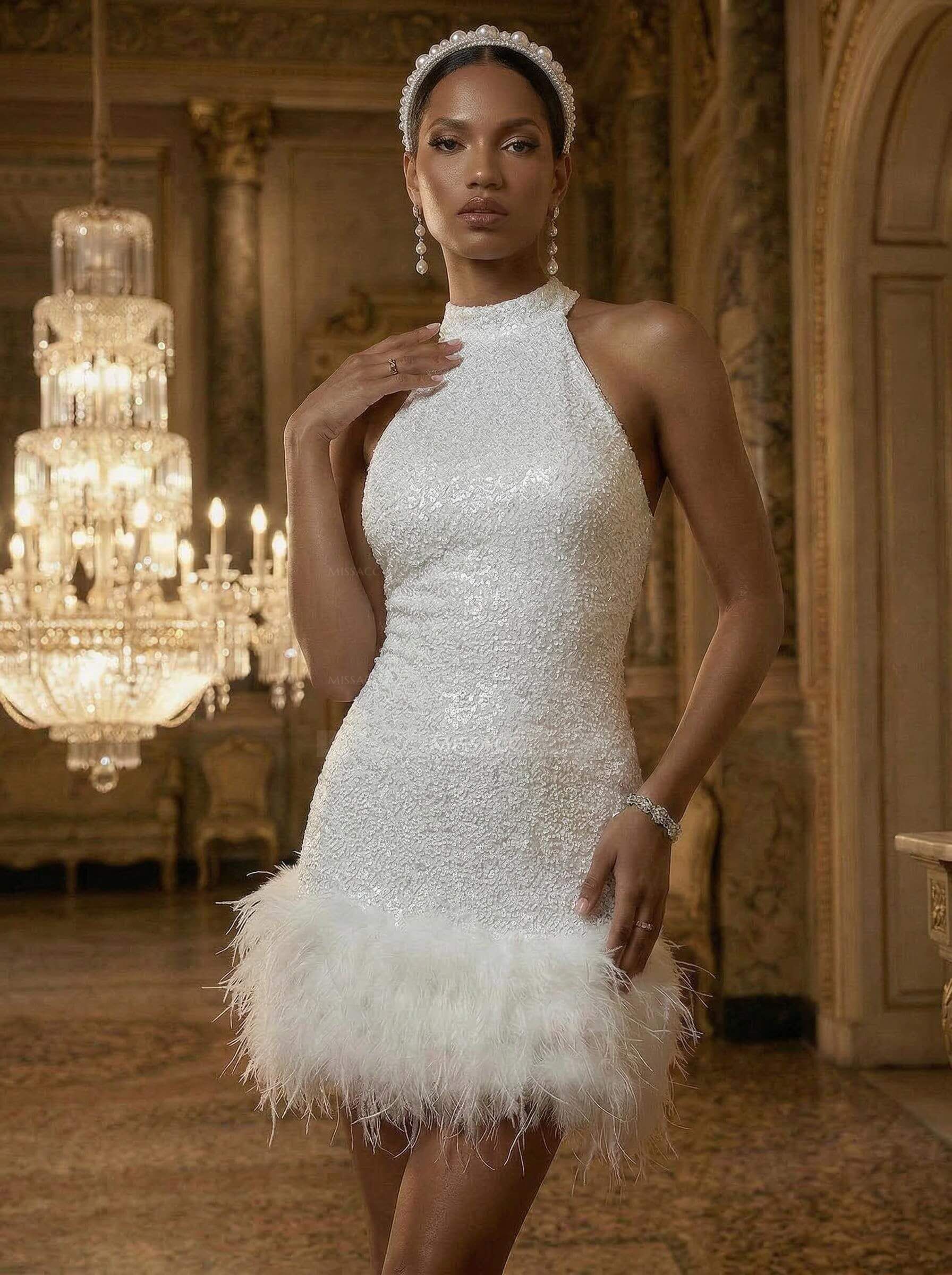 Sheath/Column Halter Sleeveless Knee-Length Sequined Wedding DressWith Sequins