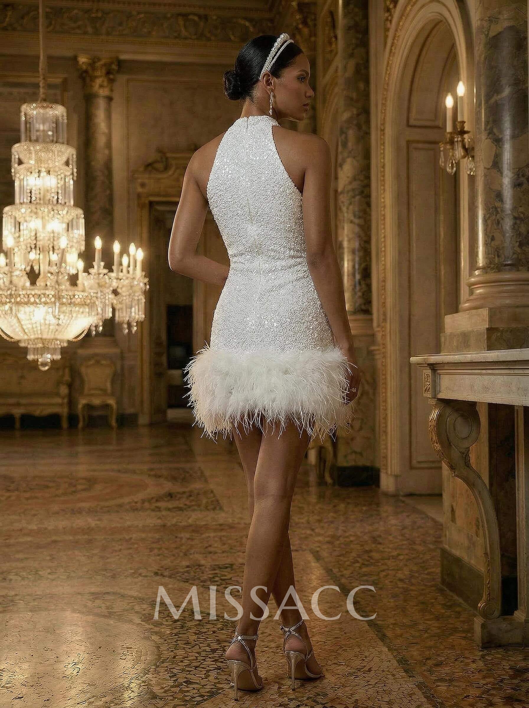 Sheath/Column Halter Sleeveless Knee-Length Sequined Wedding DressWith Sequins