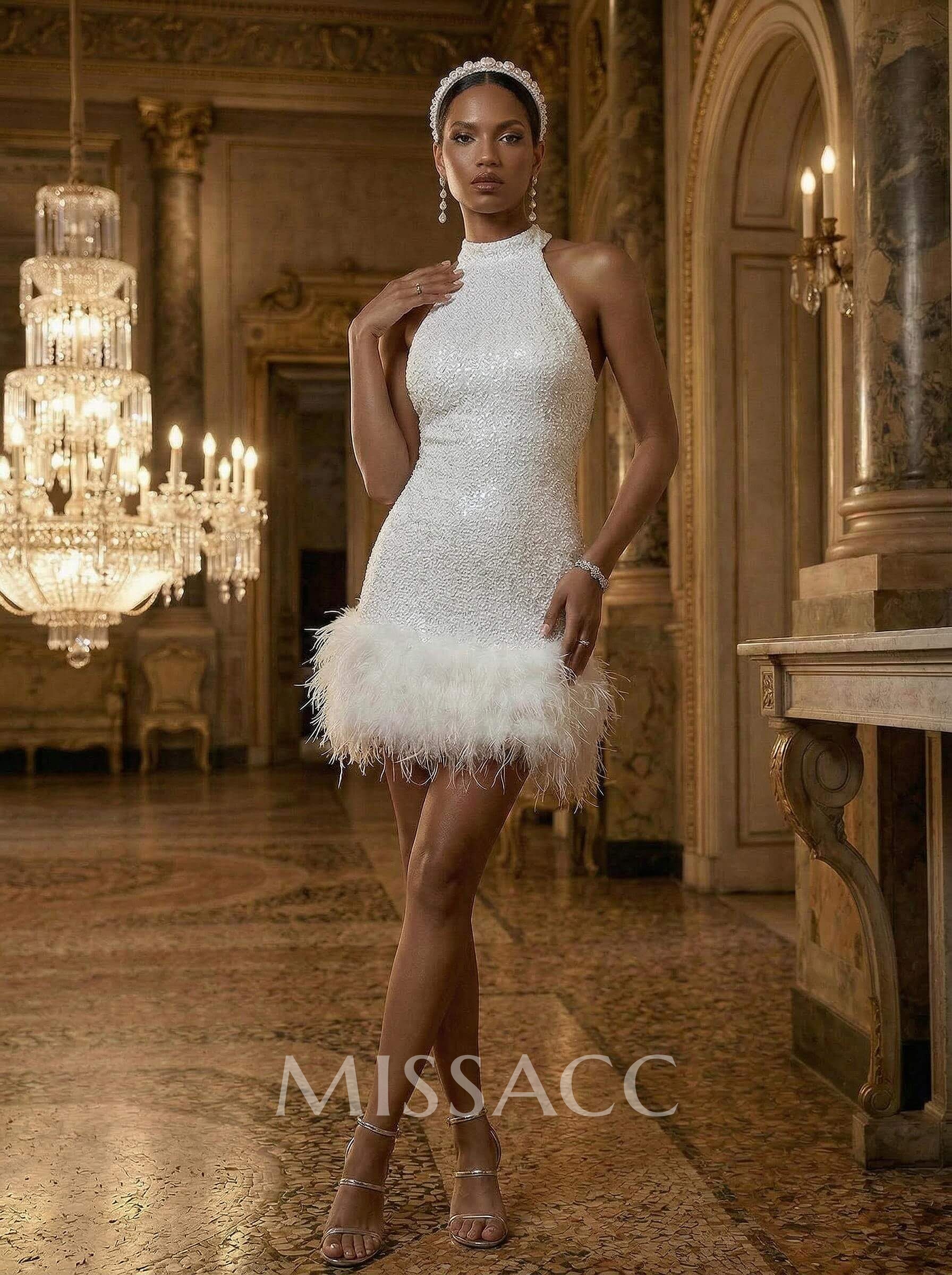 Sheath/Column Halter Sleeveless Knee-Length Sequined Wedding DressWith Sequins