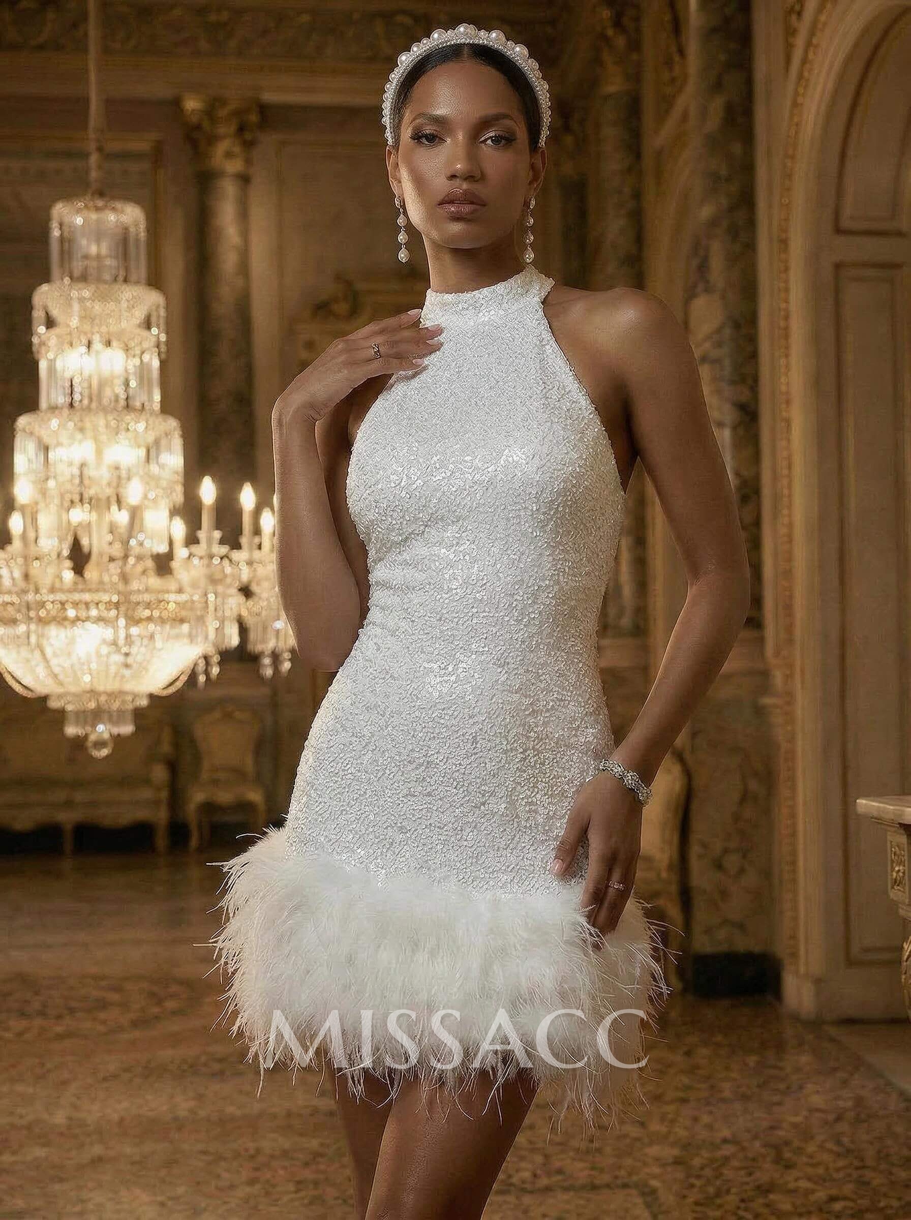 Sheath/Column Halter Sleeveless Knee-Length Sequined Wedding DressWith Sequins