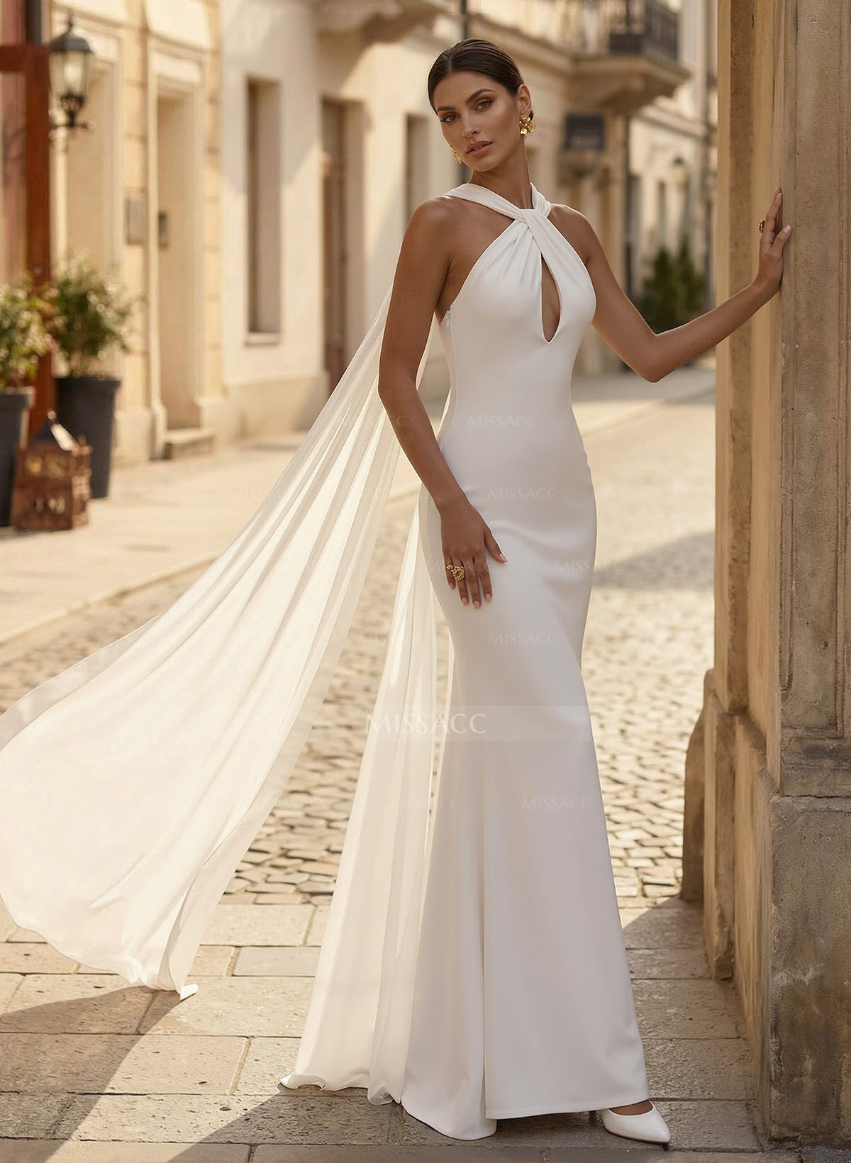 Trumpet/Mermaid Halter Sleeveless Floor-Length Jersey Wedding Dress