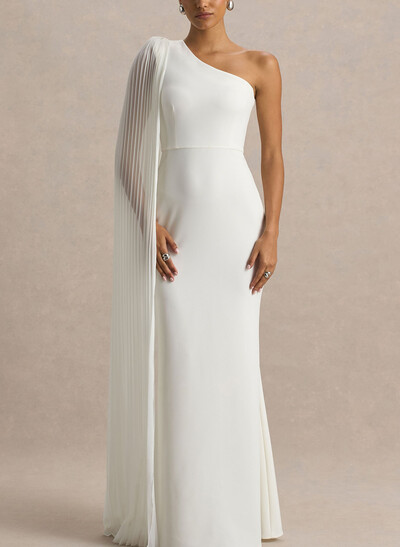 One-Shoulder Chiffon Pleate Cape Sleeves Floor-Length Chiffon Chiffon Wedding Dress With Pleated