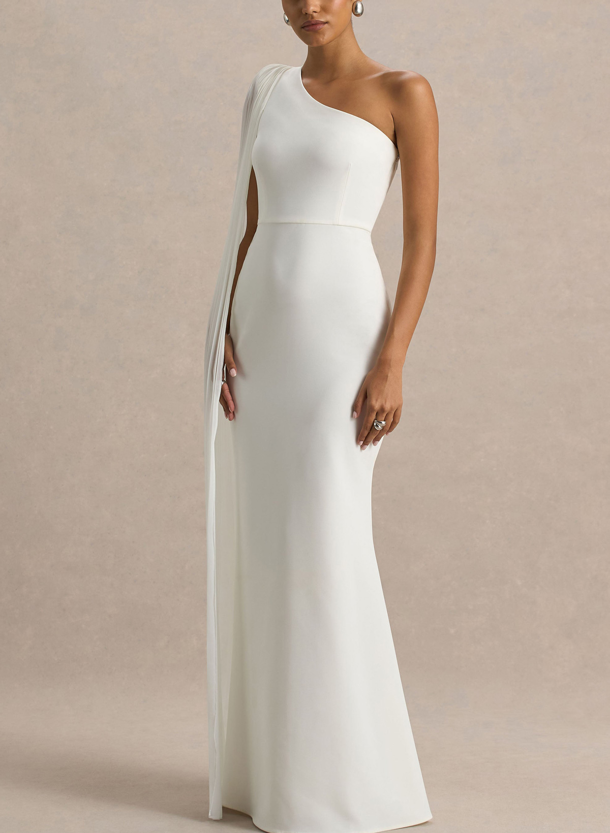 One-Shoulder Chiffon Pleate Cape Sleeves Floor-Length Chiffon Chiffon Wedding Dress With Pleated