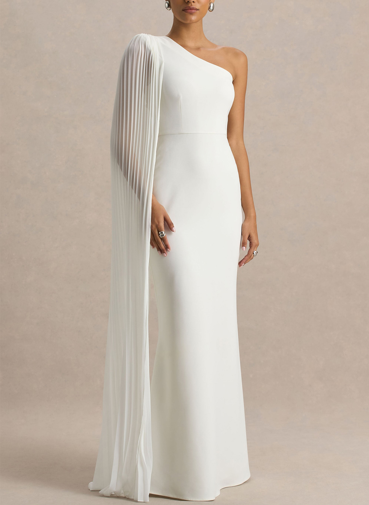 One-Shoulder Chiffon Pleate Cape Sleeves Floor-Length Chiffon Chiffon Wedding Dress With Pleated