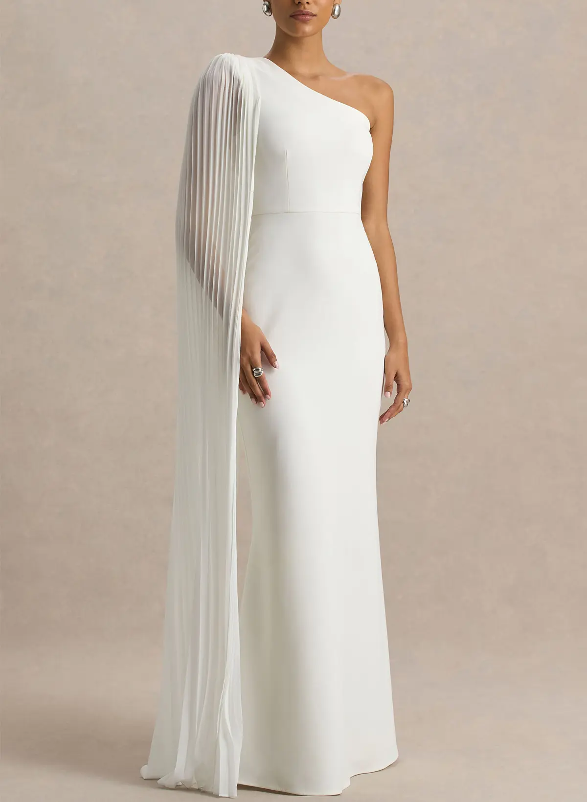 one shoulder cape wedding dress Ivory One Shoulder 3/4 Sleeves Sweep Train Wedding Dress with Side Cape