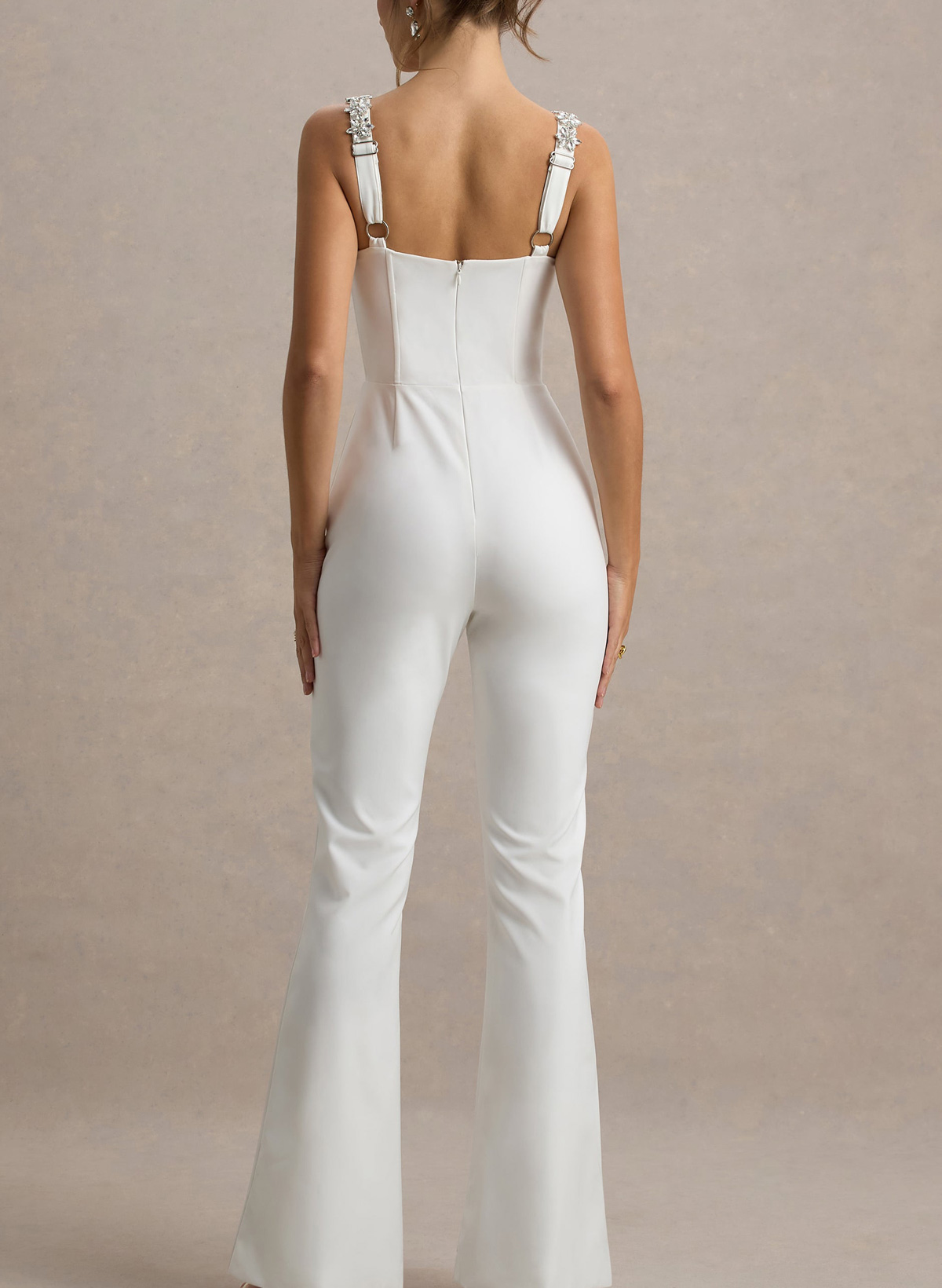 Jumpsuit/Pantsuit Beading Square Neckline Sleeveless Floor-Length Elastic Satin Wedding Dress With Beading