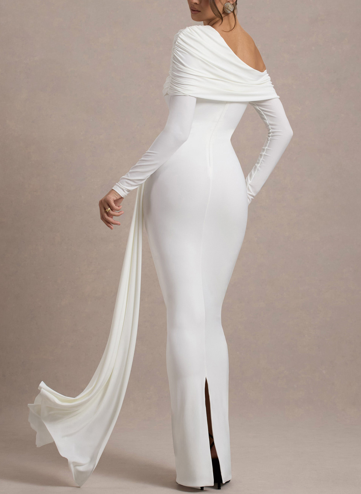 Sheath/Column Asymmetrical Long Sleeves Floor-Length Jersey With Sweeping Side Drape Wedding Dress