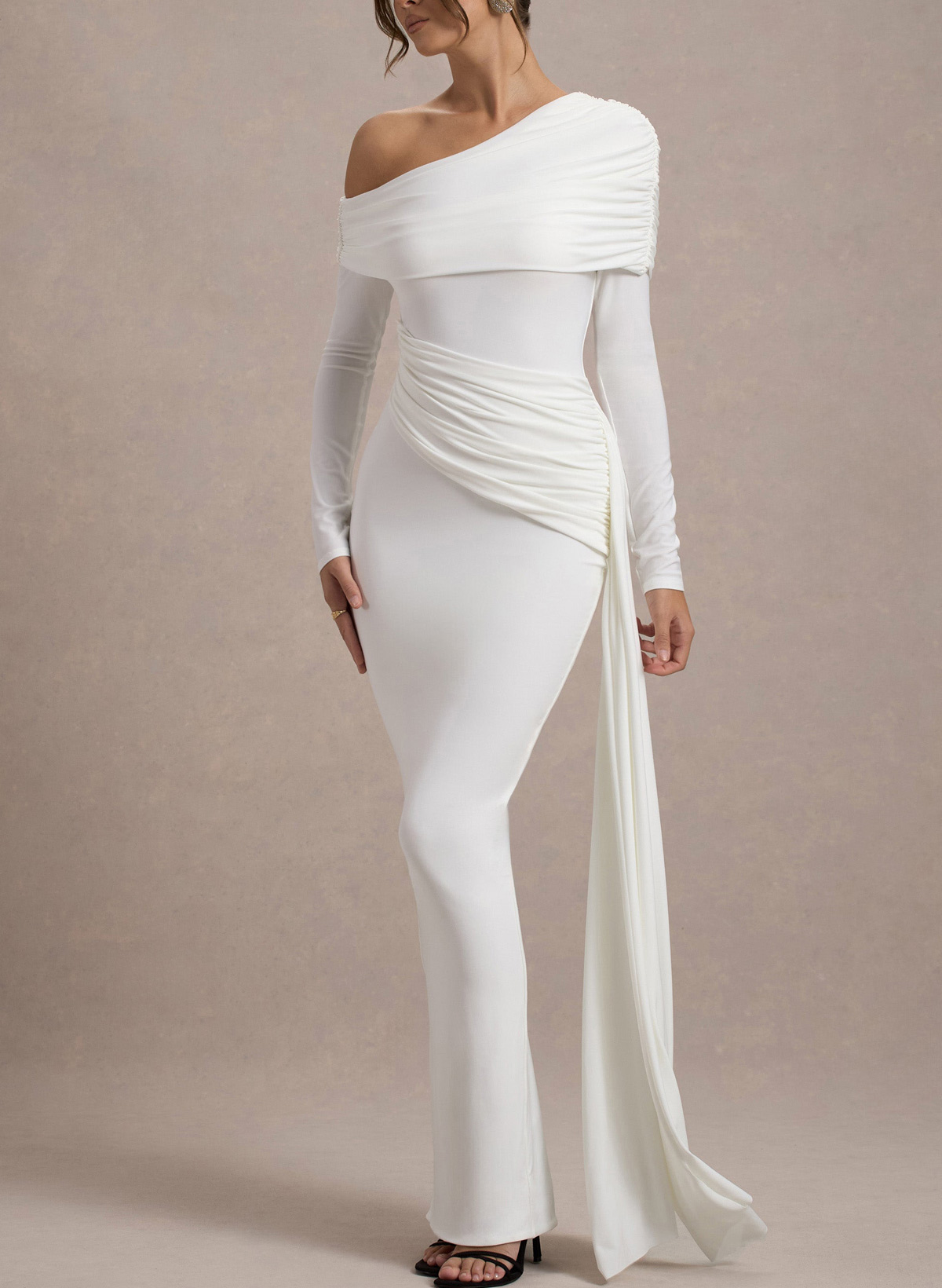 Sheath/Column Asymmetrical Long Sleeves Floor-Length Jersey With Sweeping Side Drape Wedding Dress