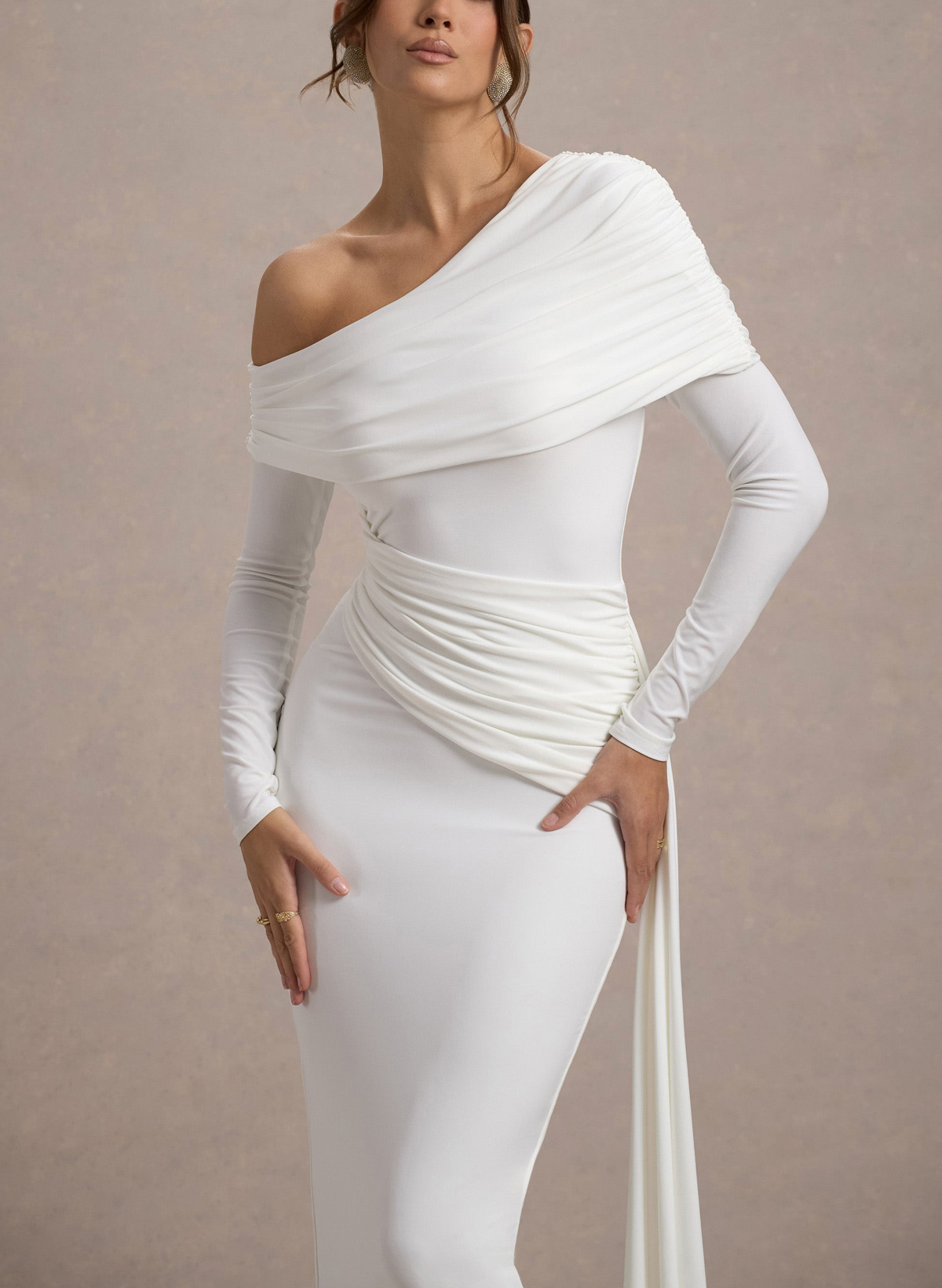 Sheath/Column Asymmetrical Long Sleeves Floor-Length Jersey With Sweeping Side Drape Wedding Dress