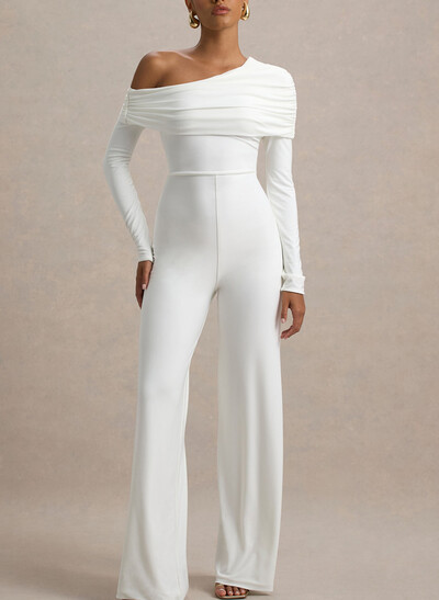 Jumpsuit/Pantsuit Asymmetrical Long Sleeves Floor-Length Jersey Wedding Dress