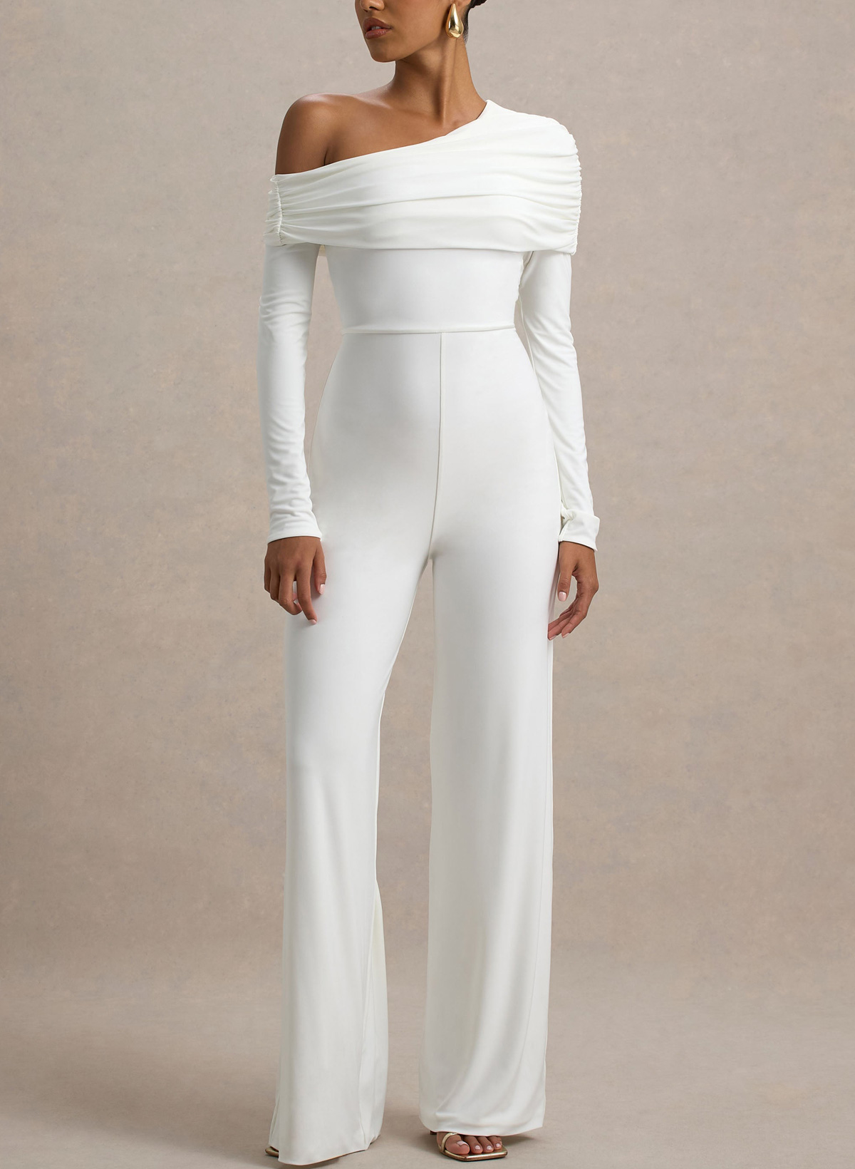 Jumpsuit/Pantsuit Asymmetrical Long Sleeves Floor-Length Jersey Wedding Dress