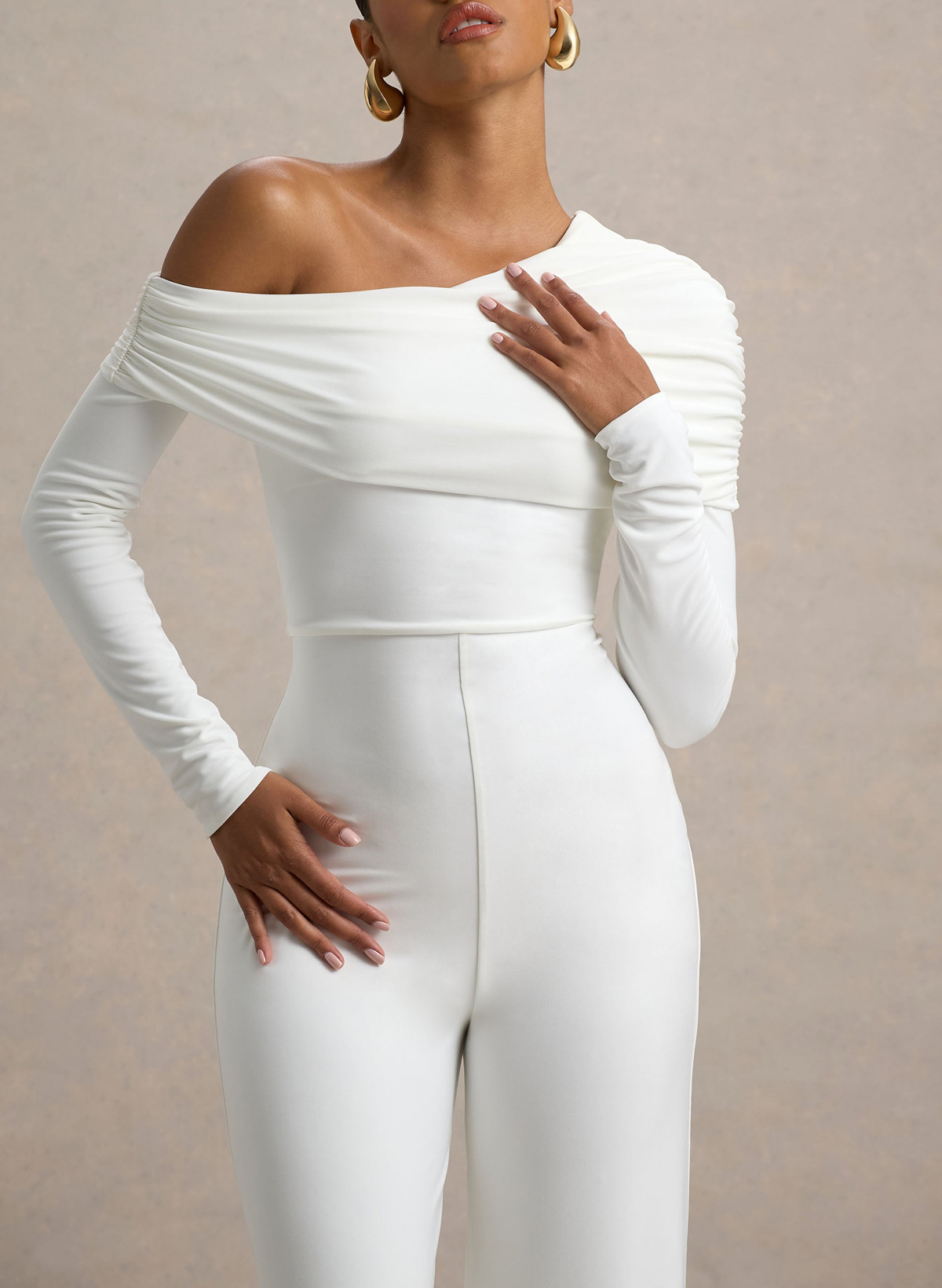 Jumpsuit/Pantsuit Asymmetrical Long Sleeves Floor-Length Jersey Wedding Dress