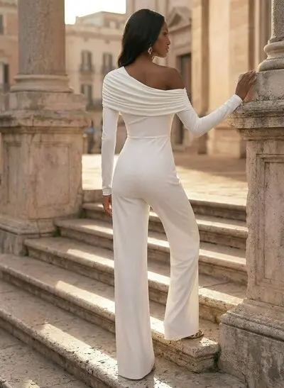 Jumpsuit/Pantsuit Asymmetrical Long Sleeves Floor-Length Jersey Wedding Dress