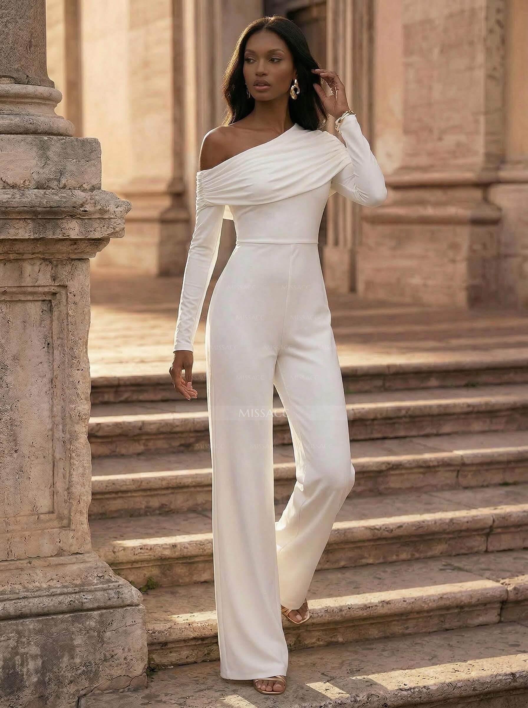 Jumpsuit/Pantsuit Asymmetrical Long Sleeves Floor-Length Jersey Wedding Dress