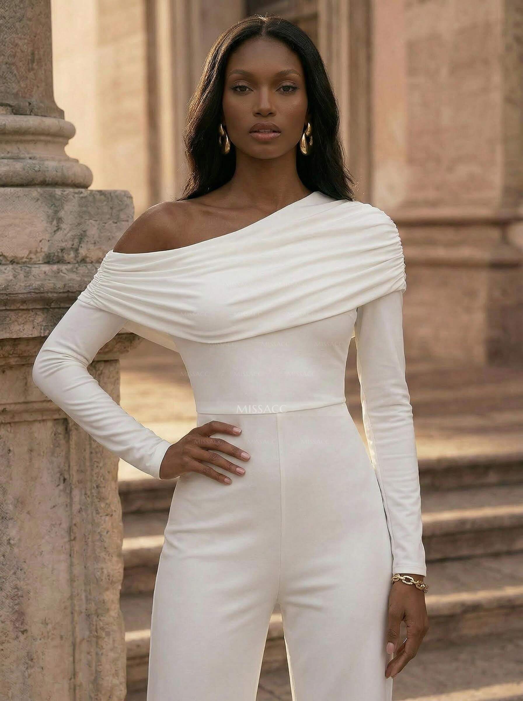 Jumpsuit/Pantsuit Asymmetrical Long Sleeves Floor-Length Jersey Wedding Dress