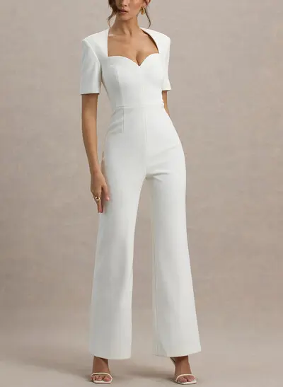 Jumpsuit/Pantsuit Sweetheart Short Sleeves Floor-Length Elastic Satin Wedding Dress