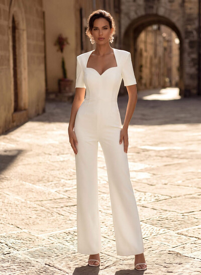 Bridal Jumpsuit/Trouser Suit, Sweetheart Neckline, Short Sleeves, Floor-Length Stretch Satin Wedding Dress