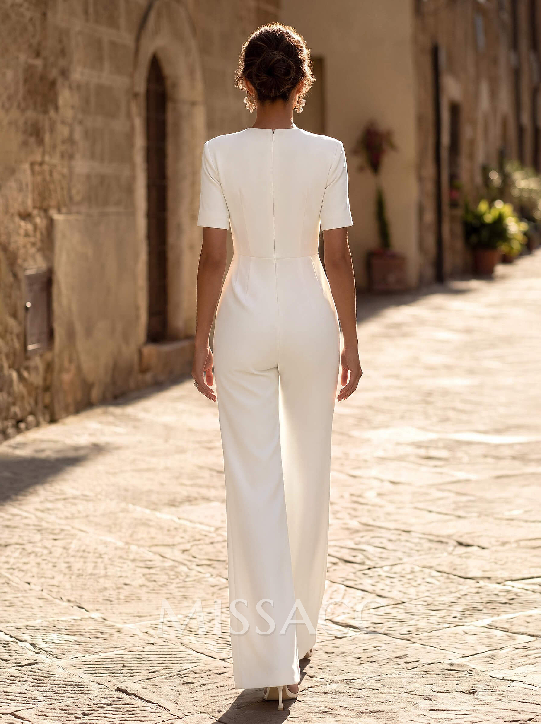 Bridal Jumpsuit/Trouser Suit, Sweetheart Neckline, Short Sleeves, Floor-Length Stretch Satin Wedding Dress Bridal Jumpsuit/Trouser Suit, Sweetheart Neckline, Short Sleeves, Floor-Length Stretch Satin Wedding Dress