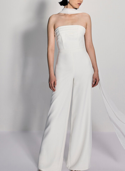 Jumpsuit/Pantsuit Halter Sleeveless Floor-Length Chiffon/Elastic Satin Wedding Dress