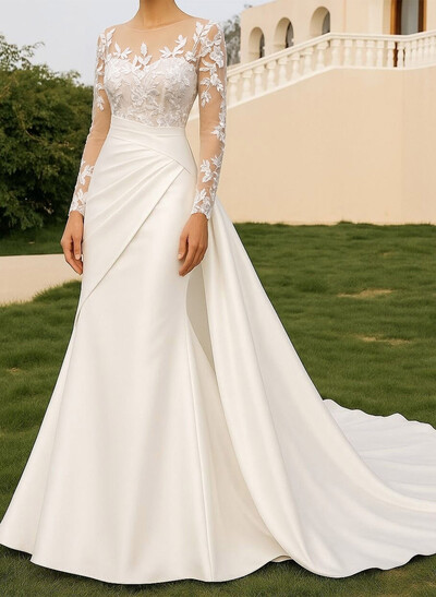 Trumpet/Mermaid Illusion Neck Long Sleeves Chapel Train Matte Satin Wedding Dresses With Appliques