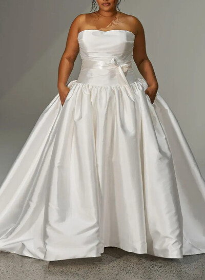 Ball-Gown Off-The-Shoulder Sleeveless Court Train Satin/Charmeuse Wedding Dress With Pockets/Sash