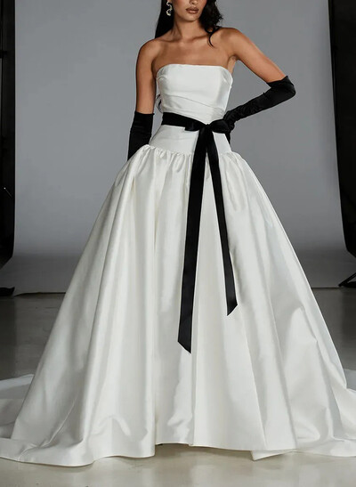 Ball-Gown Off-The-Shoulder Sleeveless Court Train Satin/Charmeuse Wedding Dress With Pockets/Sash