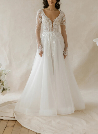Ball-Gown Plunge Neck Long Sleeves Sweep Train Lace/Organza Wedding Dress With Beading