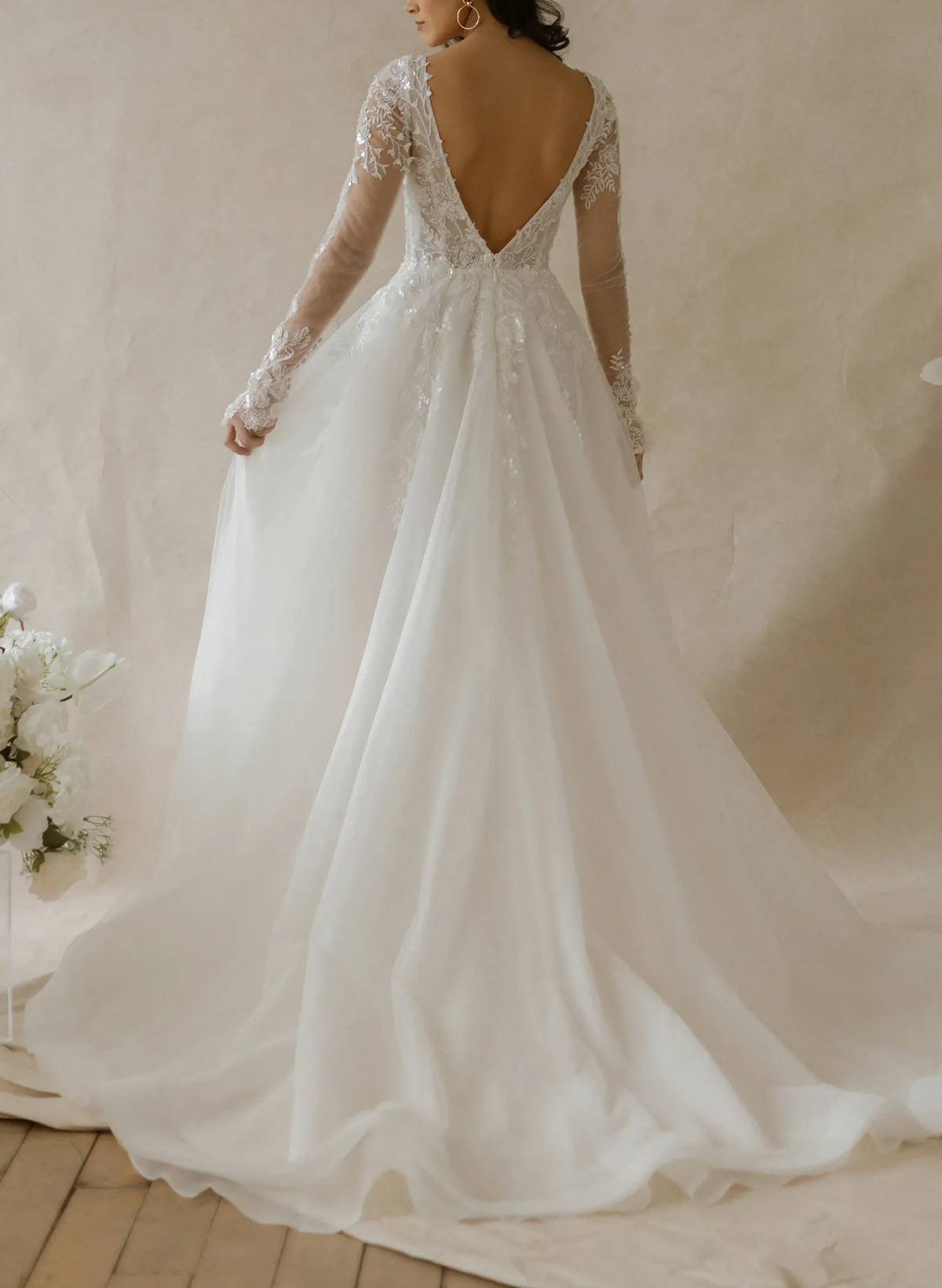 Ball-Gown Plunge Neck Long Sleeves Sweep Train Lace/Organza Wedding Dress With Beading