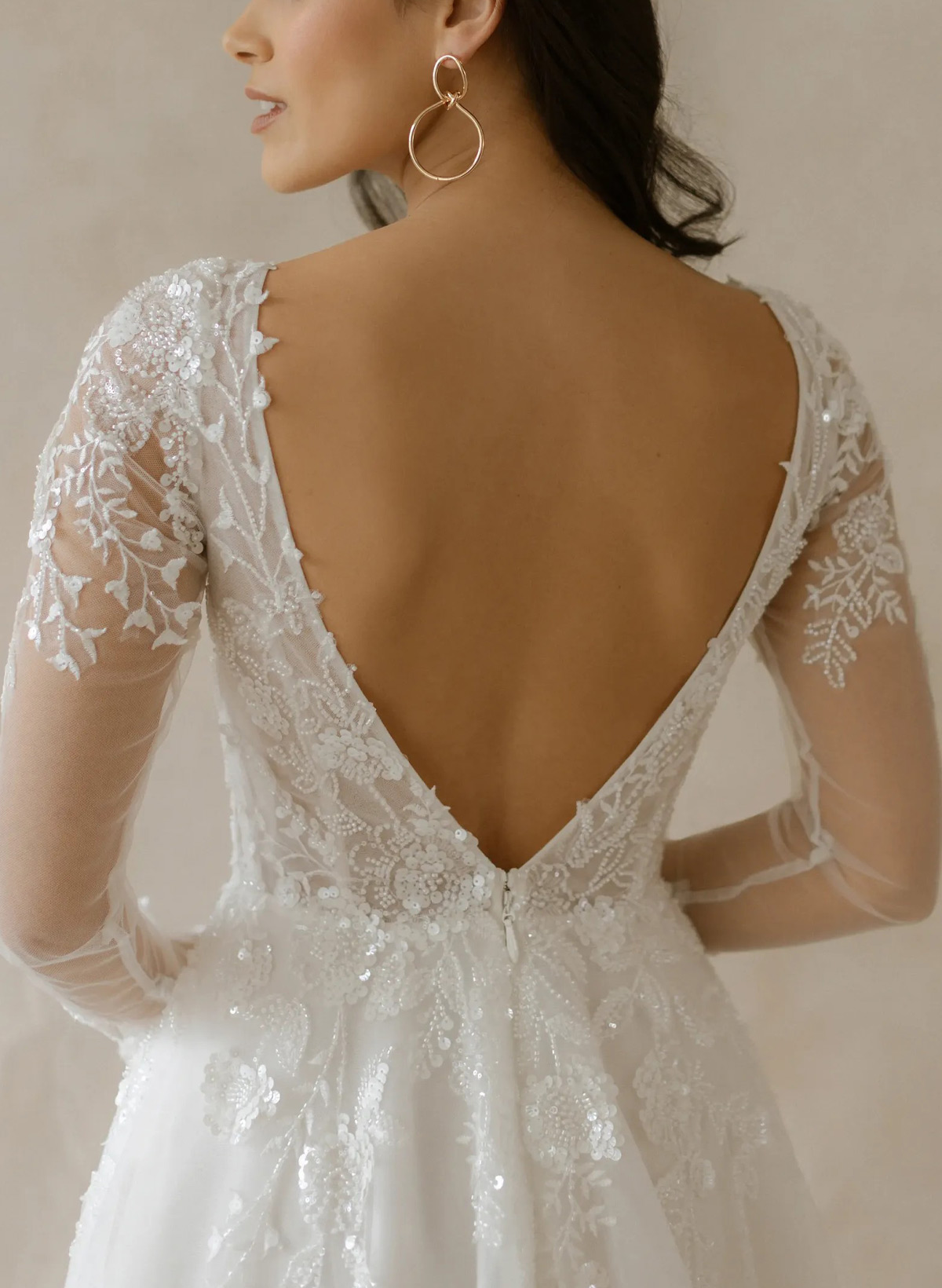 Ball-Gown Plunge Neck Long Sleeves Sweep Train Lace/Organza Wedding Dress With Beading