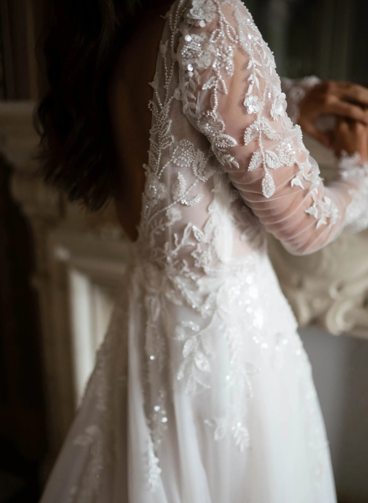 Ball-Gown Plunge Neck Long Sleeves Sweep Train Lace/Organza Wedding Dress With Beading